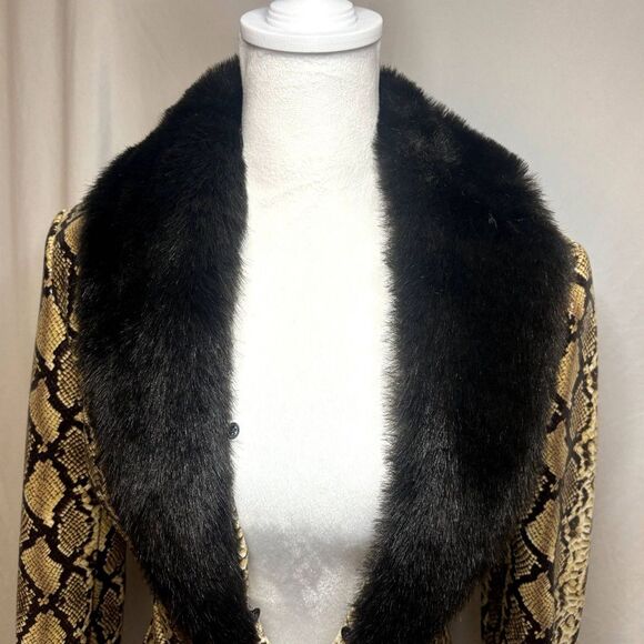 Cache Designer Snake Print Black Fur Vinyl Jacket Coat Womens Authentic - Picture 10 of 11